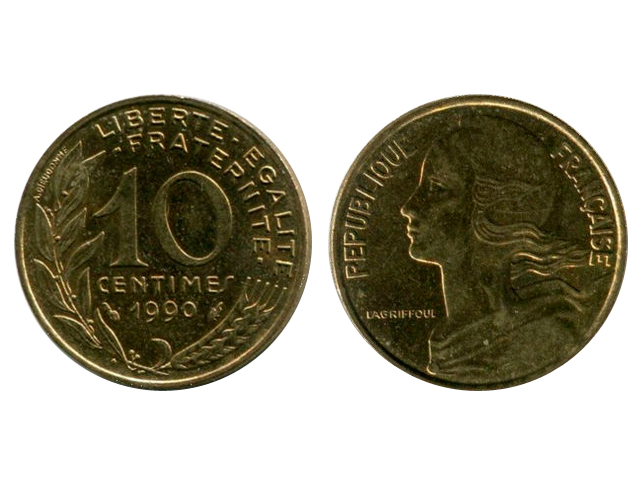 Монета Франции номиналом 10 сантимов