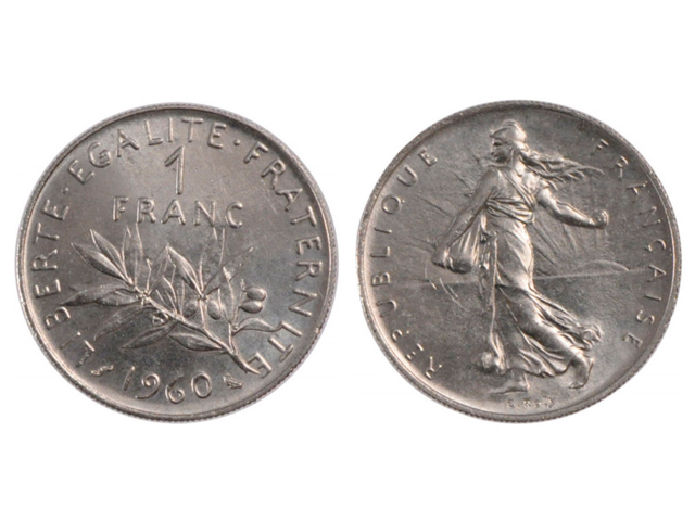Монета Франции номиналом 1 франк