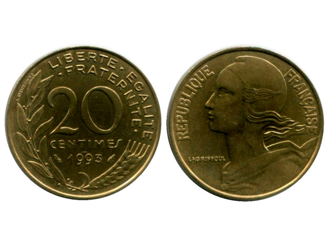 Монета Франции номиналом 20 сантимов