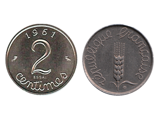 Монета Франции номиналом 2 сантима