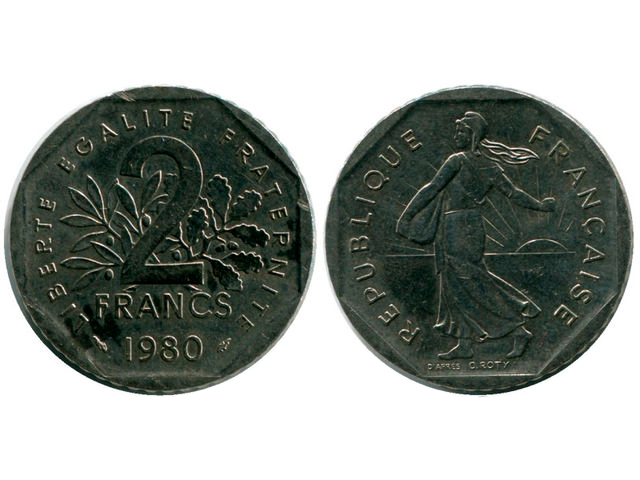 Монета Франции номиналом 2 франка