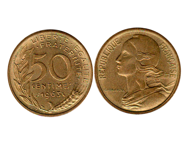 Монета Франции номиналом 50 сантимов