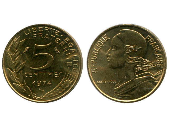 Монета Франции номиналом 5 сантимов